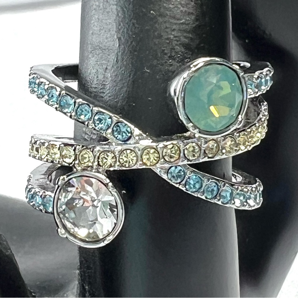 Lia Sophia Silver-Tone Aqua and Clear Crisscross Crystal Ring - Picture 2 of 5